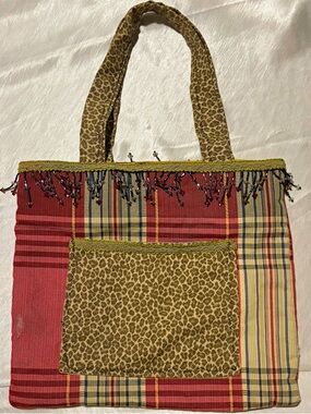 Y2K Patchwork Plaid Leopard Beaded Tote Bag Boho Fringe Shoulder Bag